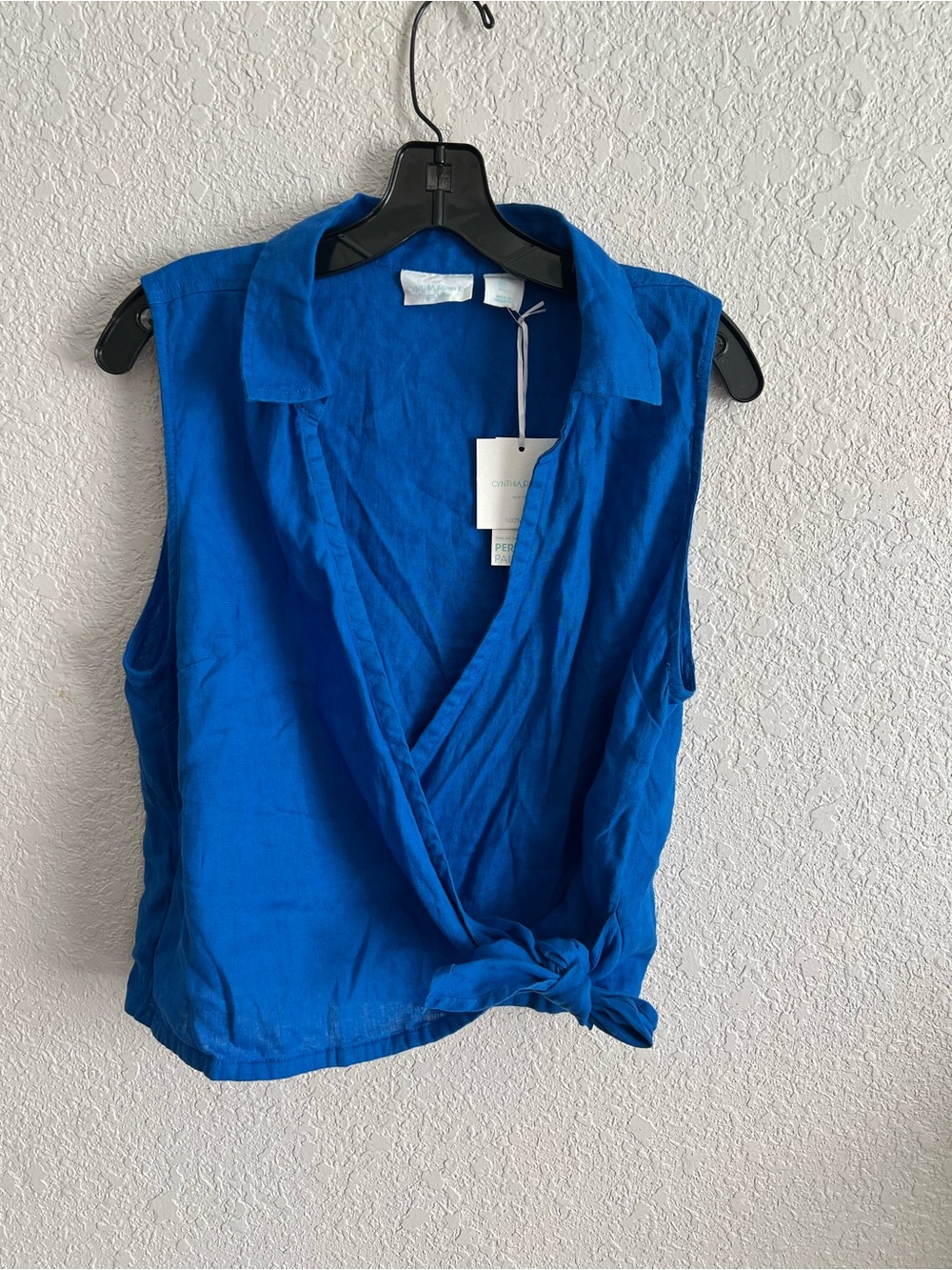 Cynthia Rowley Blue 100% Linen Wrap Top NWT Women's Size L Sleeveless V Neck